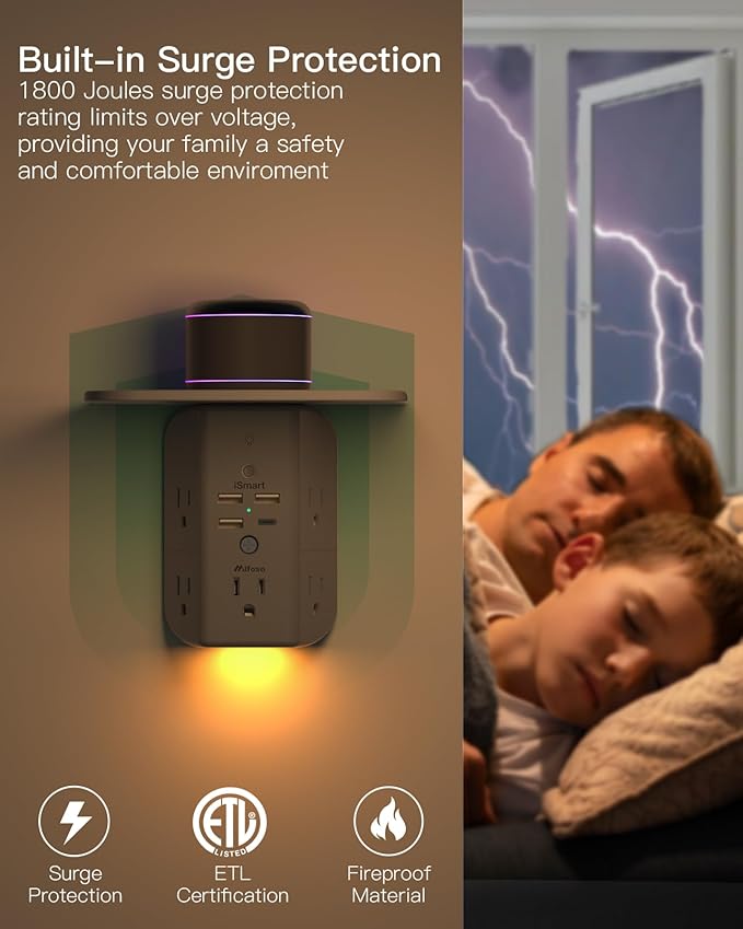 Wall Outlet Extender with Shelf and Night Light,Surge Protector,USB Wall Charger with 5 AC Outlets and 3 USB A Ports 1 USB C Outlet Wide Space 3-Sided Power Strip Multi Plug Outlets, Gray