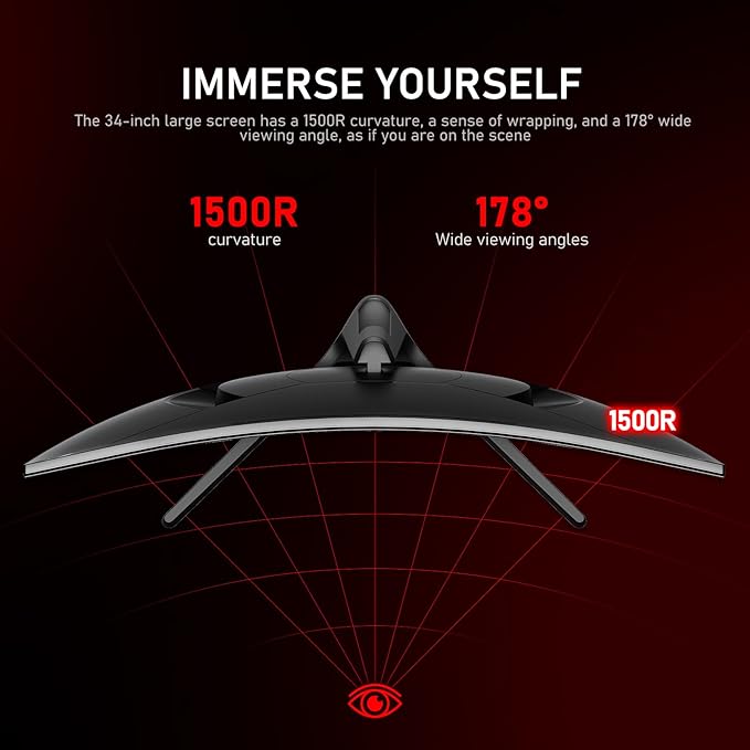 34 Inch Ultrawide Curved 180Hz Gaming Computer Monitor,1500R PC Screen 21:9 UWQHD (3440x1440),128% sRGB,Adaptive Sync,178° Viewing Angle,Display Port、HDMI,Compatible with Wall mounting -Black