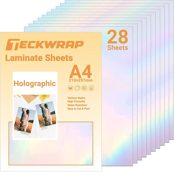 TECKWRAP Holographic Laminate Sheets Laminating Sheets Holographic Sticker Paper for Inkjet Printer Clear Vinyl Laminate Sheets for Stickers 8.26" x 11.69" A4 28 Sheets for DIY Crafts Scrapbooking