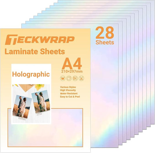 TECKWRAP Holographic Laminate Sheets Laminating Sheets Holographic Sticker Paper for Inkjet Printer Clear Vinyl Laminate Sheets for Stickers 8.26" x 11.69" A4 28 Sheets for DIY Crafts Scrapbooking