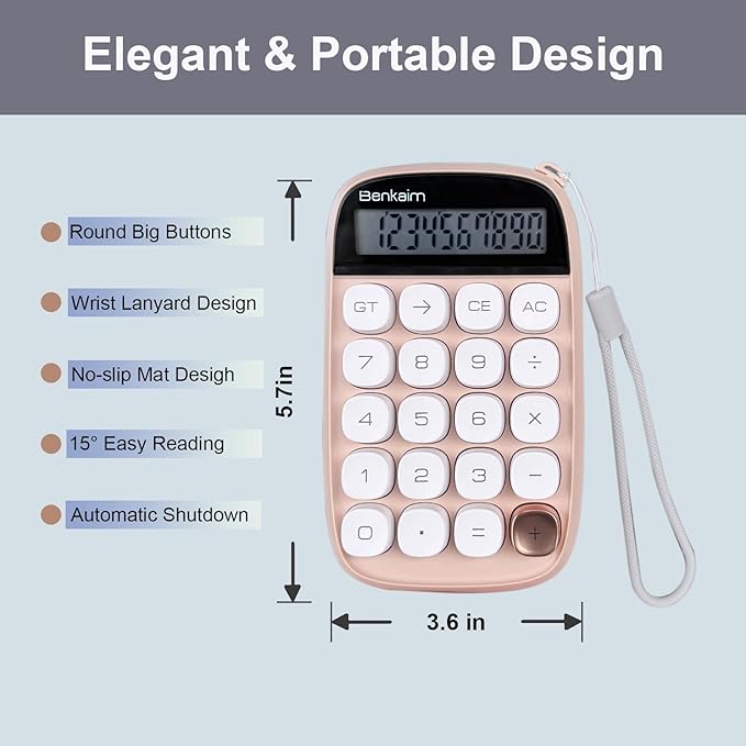 Benkaim Desktop Calculator - Standard 10 Digit LCD Display, Big Buttons - Cute Office Supplies for School, Business (Beige)