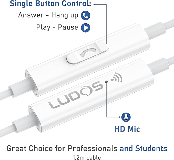 LUDOS OMNITONE Wired Earbuds in-Ear Headphones, 5 Years Warranty, Earphones with Microphone, 3.5 mm Jack Corded Ear Buds, Videoconference for iPhone, Samsung, Laptop, Kids, School Students - White