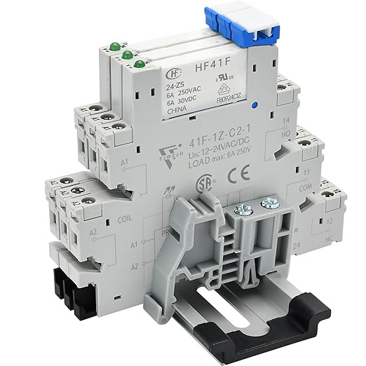 3 Pcs Miniature Power Relay 24V DC/24V AC HF41F/24-ZS 6Amp SPDT with LED Indicator with Socket Base 41F-1Z-C2 with DIN Rail