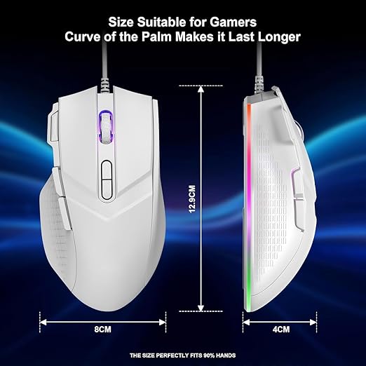 LEWENTECH Gaming Mouse 6 Adjustable DPI Up to 7200 Wired PC Gaming Mouse 8 Programmable Buttons 13 Adjustable RGB LED Modes 1.5 M Drag-Free Paracord Ergonomic Mouse Windows/PC/Mac/Laptop (White)