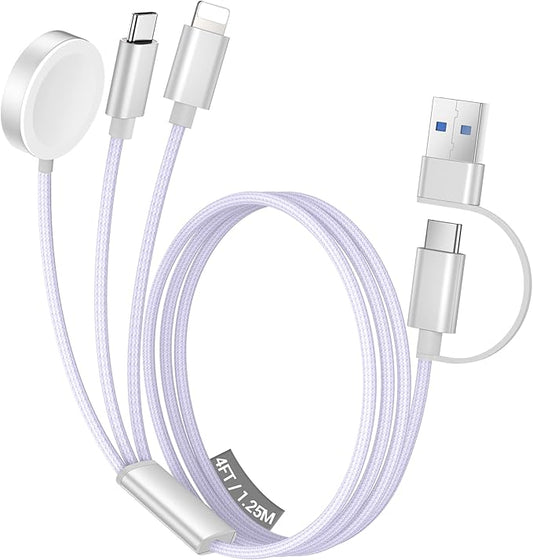 Temdan for Travel Vacation Essentials,3 in 2 USB C Cable for Apple Watch Charger/iPhone 17 Charger/Lightning,Multi Charging Cable Cord,Camping Essentials,Designed for iWatch &iPhone 16-12-4FT Purple