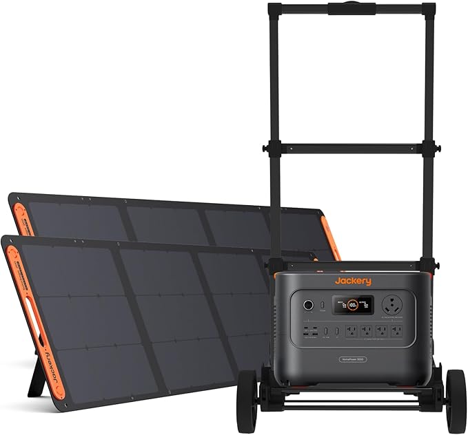 Jackery HomePower 3000 Portable Power Station and Hand Truck with 2x 200W Solar Panels, 3600W (Surge 7200W) Output, 3072Wh LFP Battery Solar Generator for Home Backup, Power Outage, RV, Emergencies