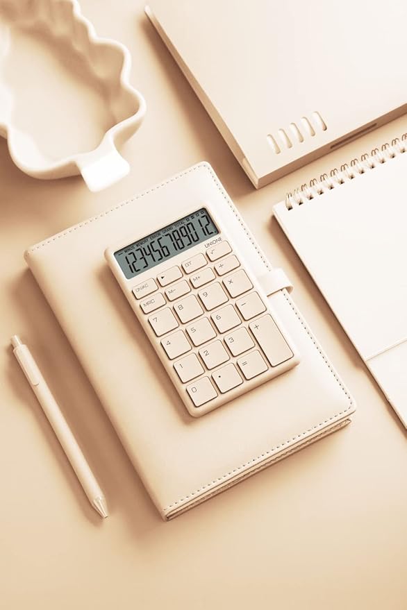 UNIONE Pocket & Desktop Beige Calculator with a Bright LCD, Dual Power Handheld Desktop. Color. Business, Office, High School