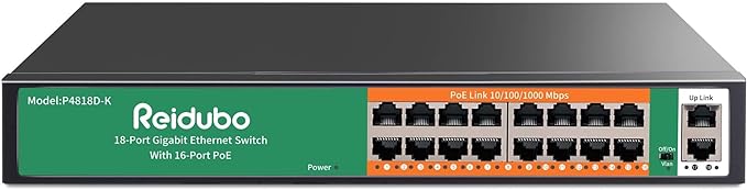 18 Ports Gigabit PoE Switch,16 Port Gigabit PoE+ Network Switch with 2 Uplink Gigabit Ports, 250W, Unmanaged, 19-inch Rackmount, Fanless Quiet Operation, Compatible with AP WiFi6, PoE Cameras
