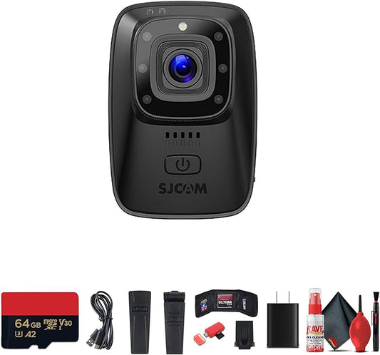 SJCAM A10 Body Camera Bundle Including: Waterproof HD Wearable Camera with Night Vision and Audio Recording, 64GB Micro SD Card, Card Reader, USB-C Adapter, and Storage Wallet