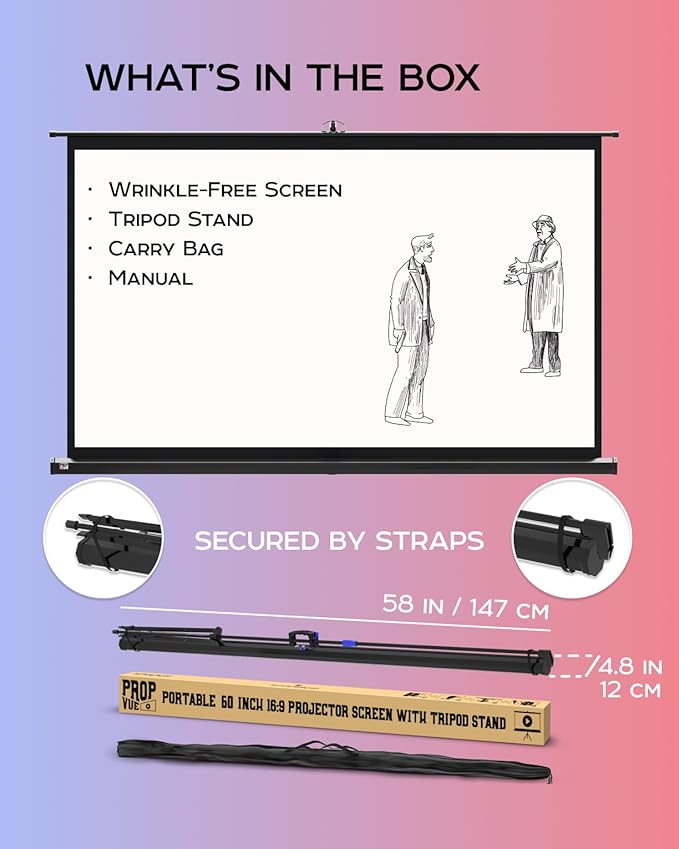 Projector Screen with Stand 60 inch - Indoor and Outdoor Projection Screen for Movie or Office Presentation - 16:9 HD Premium Wrinkle-Free Tripod Screen for Projector with Carry Bag and Tight Straps