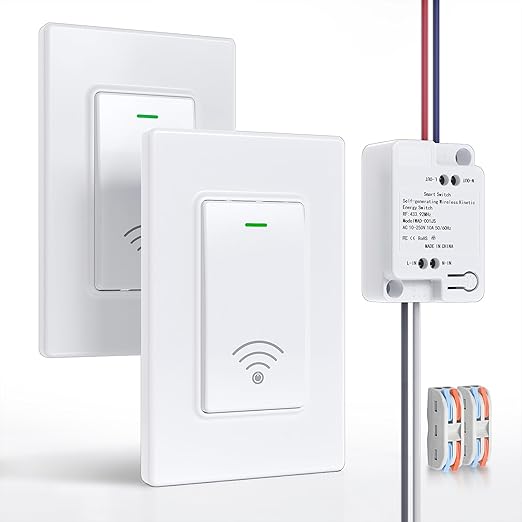 Wireless Light Switch and Receiver Kit (2V1), Self-Powered (No Battery Required), No WiFi Needed, Remote Control Lighting Switch for Indoor and Outdoor Light Fixtures