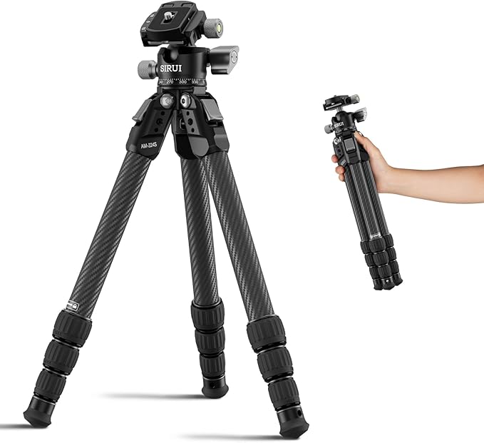 SIRUI 31.5" Compact Carbon Fiber Small Desktop Tripod with Low Profile Ball Head, Portable Lightweight Backpack Camera Tripod with Spikes for Travel Vlogging Tabletop, Macro Photography, AM-224S+G0