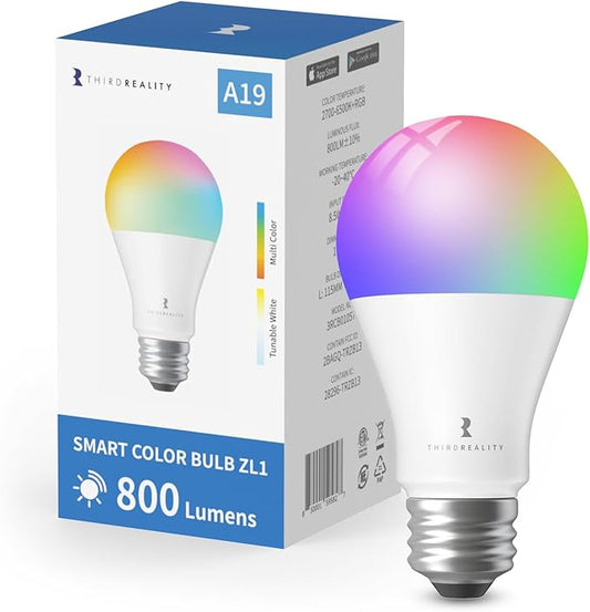 THIRDREALITY Smart Color Bulb ZL1,Zigbee hub Required,Compatible with Home Assistant(ZHA&Z2M),SmartThings,Aeotec,Homey,Hubitat or Echo Devices with Built-in Zigbee hub,A19 RGBCW Bulb,800 Lumens