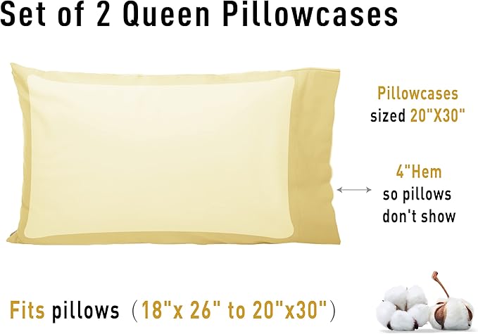Sunflower Queen Pillowcases Set of 2, 100% Cotton Queen Size Pillow Cases 2, 20×30 inches Honeyed Straw, Soft and Breathable