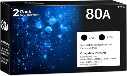 80A Toner Cartridge Laser Jet Pro 400 M401n M401dn M401dw (2 Pack) Compatible for HP 80A 80X CF280A CF280X Toner Cartridges Black for HP80A for HP Laser Jet Pro 400 M425dn M425dw M401a M401d