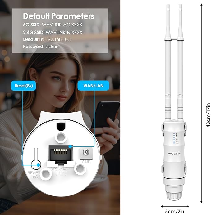 AC1200 Outdoor WiFi Extender Long Range, WAVLINK Weatherproof WiFi Extender Signal Booster Outdoor with POE, Dual Band 2.4/5GHz, Support AP/Repeater/Router Mode, for Yard/Patio/Rural Areas