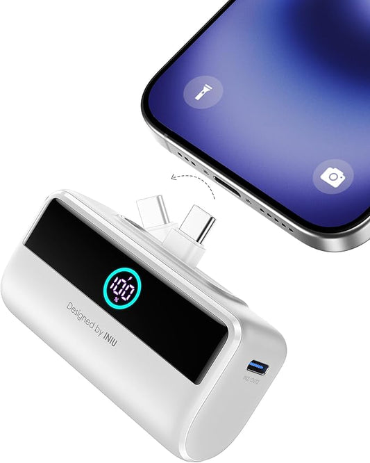 INIU Small Portable Charger, 5500mAh Power Bank with Build-in USB-C Connector, 22.5W PD Fast Charging Battery Pack, Flight Cruise Ship Travel Essentials Phone Charger for iPhone 16 15 Samsung, White