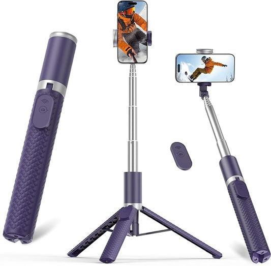 62" Phone Tripod & Selfie Stick, Tripod for iPhone with Remote, All-in-1 Cell Phone Stand, Portable, Extendable Stand for Selfies Video Recording Vlog, Compatible with iPhone Android (Purple)