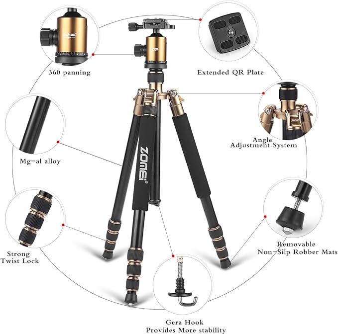 ZOMEI Tripod,Camera Tripod,Lightweight Camera Travel Z818 Tripod Aluminium Alloy Monopod with 360 Panorama Ball Head Quick Release Plate Ball for DSLR Canon Sony Nikon Cameras(Gold)