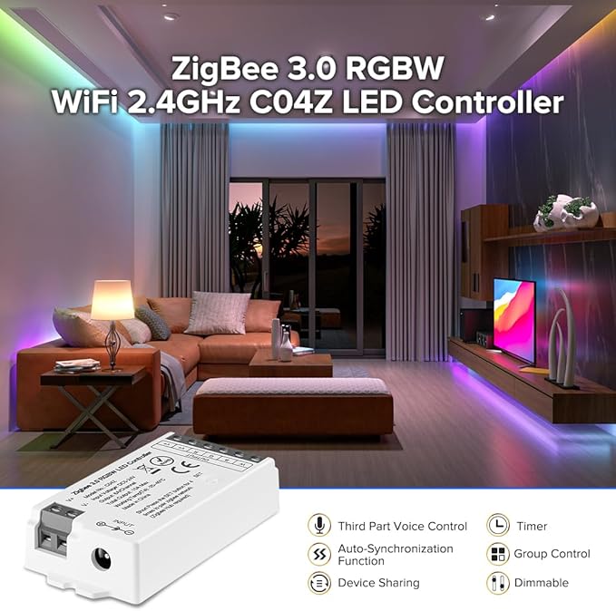 BTF-LIGHTING Tuya Zigbee 3.0 C04Z Controller Support RGBW Color 5pin (+V R G B W) PWM LED Strip Bulb Compatible with Echo Plus/4th Gen Tuya Gateway DC5V/DC12V/DC24V Max 15A