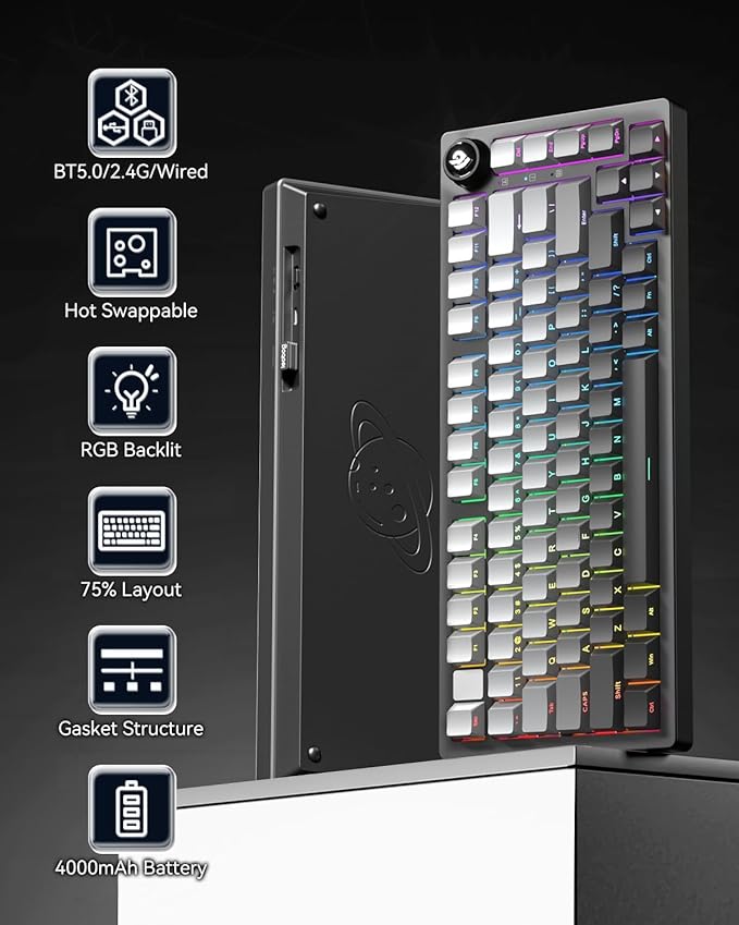 HI75C Pro Mechanical Keyboard, 75% Hot Swappable Gaming Keyboard with Five-Layer Knob, Bluetooth/2.4GHz/USB-C Wireless Keyboards for Windows/MAC/iOS/Android - Reaper Switch, Grey