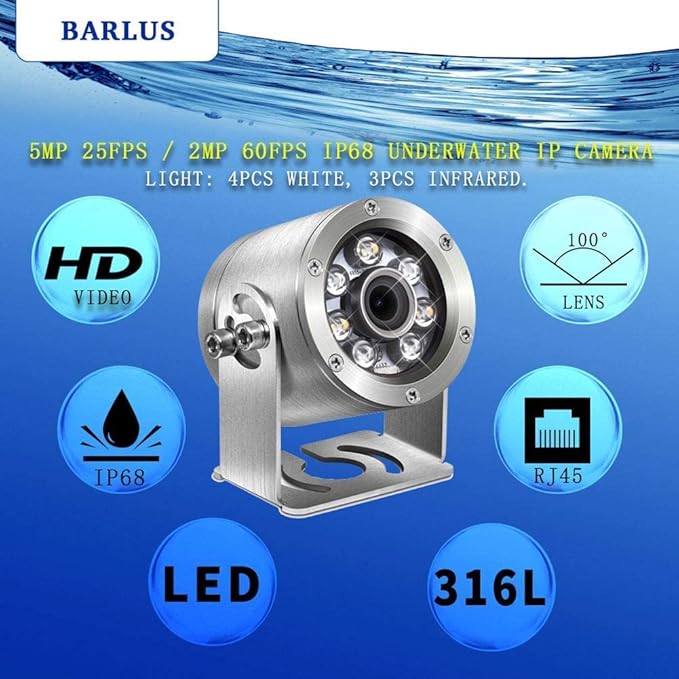 HD Aquarium POE Underwater IP Camera Marine Stainless Steel 2592 * 1944 CMOS 2.8mm Lens with Light IP68 Waterproof Camera with 98ft Cable