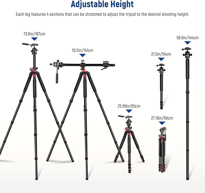 NEEWER 73.6" Horizontal Tripod with Multi Angle Center Column, Ball Head & Central Axis Platform, Heavy Duty Aluminum Camera Tripod Monopod 360° Pan 180° Tilt for Overhead/Macro Shots, Max Load 22lb