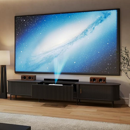 126" Ultra Short Throw Projector Cabinet with Featuring Drawer, Mid-Century Modern Electric TV Stand for Entertainment Center, with Linkage Memory Function and Ample Storage Space, Black