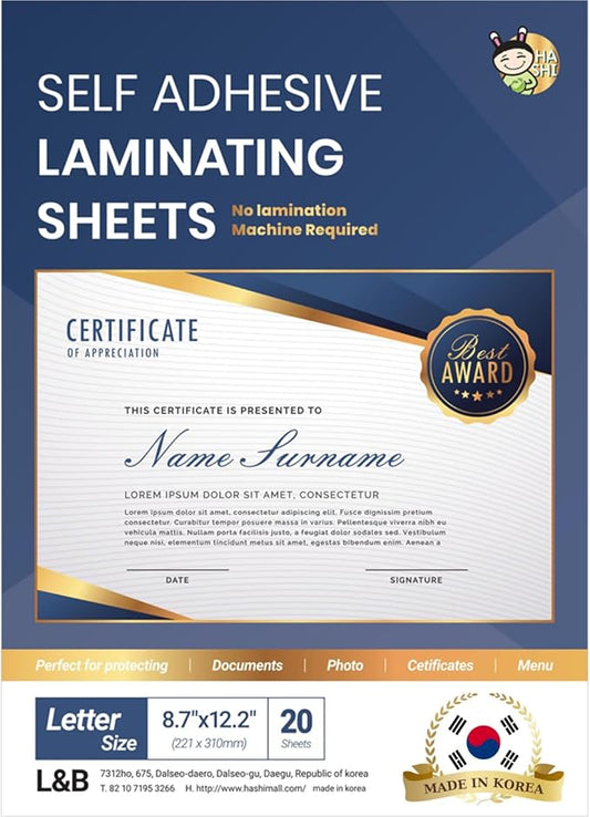 No Heat Laminating Sheets Self Sealing 8.7 x 12.2 Inch, 20 Pack, 4mil Thickness, Transparent, No Machine Self Adhesive Laminating Sheets, Protect documents and Photos [Letter Size] by HA SHI