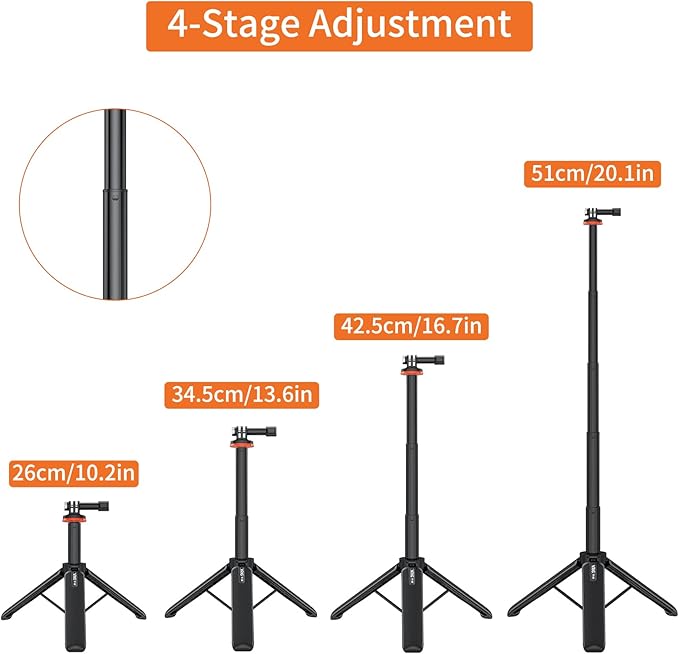 VRIG 20.1" Mini Extendable Gopro Tripod,Portable Selfie Stick Tripod for DJI OSMO Action 5Pro/4/3,GoPro Max Hero 13 12 11 10 9 8 7 6 5 4 3 3+ 2 1 Session,Insta360 X5/X4