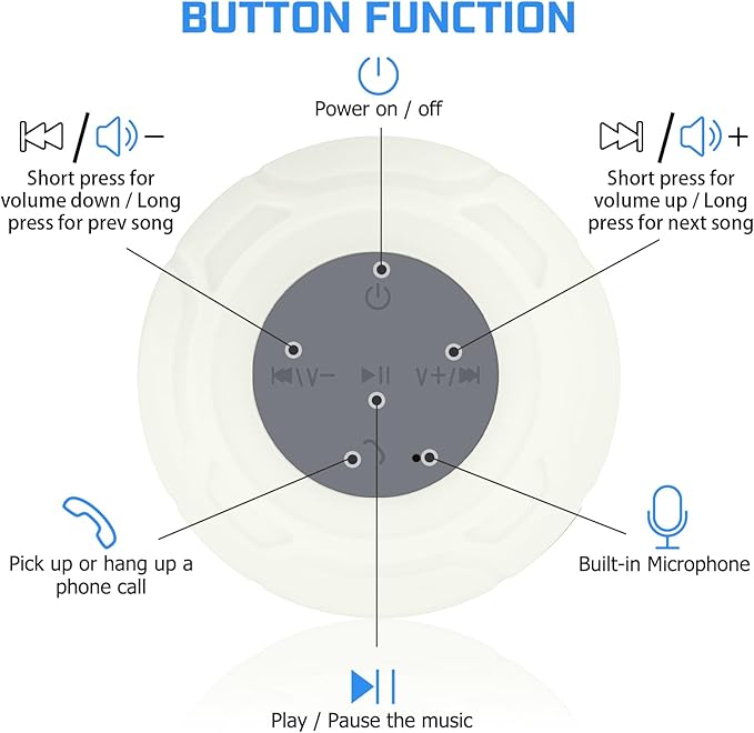 Waterproof Bluetooth Shower Speaker Portable Wireless Water-Resistant Speaker Suction Cup,Built-in Mic Gifts for Kids Speakerphone for iPhone Phone Tablet Bathroom Kitchen - White