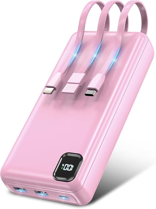 Portable Charger Power Bank 50000mAh Built-in Cables, PD 20W Fast Charging Large Capacity Battery Pack, 5 Output 2 Input LED Display Powerbank Compatible with Phone (Pink)