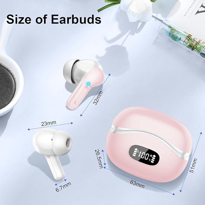 Wireless Earbuds, Bluetooth Headphones 5.4 HiFi Stereo, Ear Buds with 4 ENC Noise Cancelling Mics, 48H Bluetooth Earbuds with Dual LED Display, IP7 Waterproof in Ear Earphones for Android iOS, Pink
