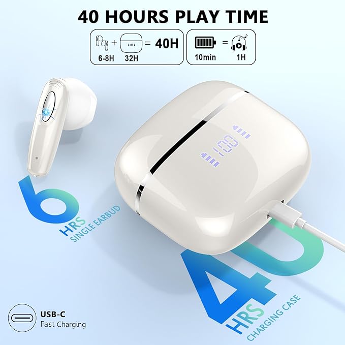 Wireless Earbud, Bluetooth Headphones 5.3 Built in 4 ENC Mic, Stereo Bass Wireless Earphones, 40H Bluetooth Earbud in-Ear Dual LED Display, USB-C, IP7 Waterproof Sport Ear Buds for Android iOS, Sliver