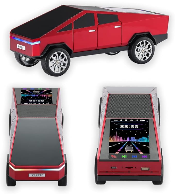 WS-580 Bluetooth Pickup Truck Replica Portable Speaker,with Display Screen,HD Sound, TWS Pairing, FM Radio,Built-in Microphone Hands-Free Calling, LED Party Light, Surprise Gift for Car Lovers(Red)