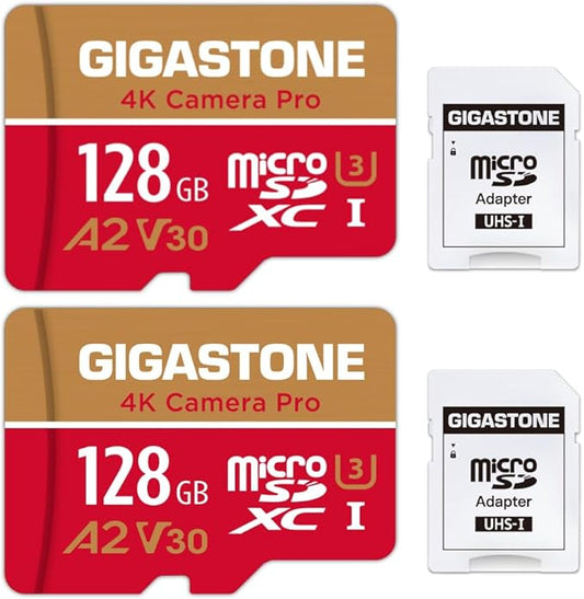 [5 Years Free Data Recovery] Gigastone Memory Card 128GB 2 Pack 4K Pro Camera, Compatible with GoPro Switch, Speed 100MB/s. A2 U3 V30 Micro SDXC Card with SD Adapter.