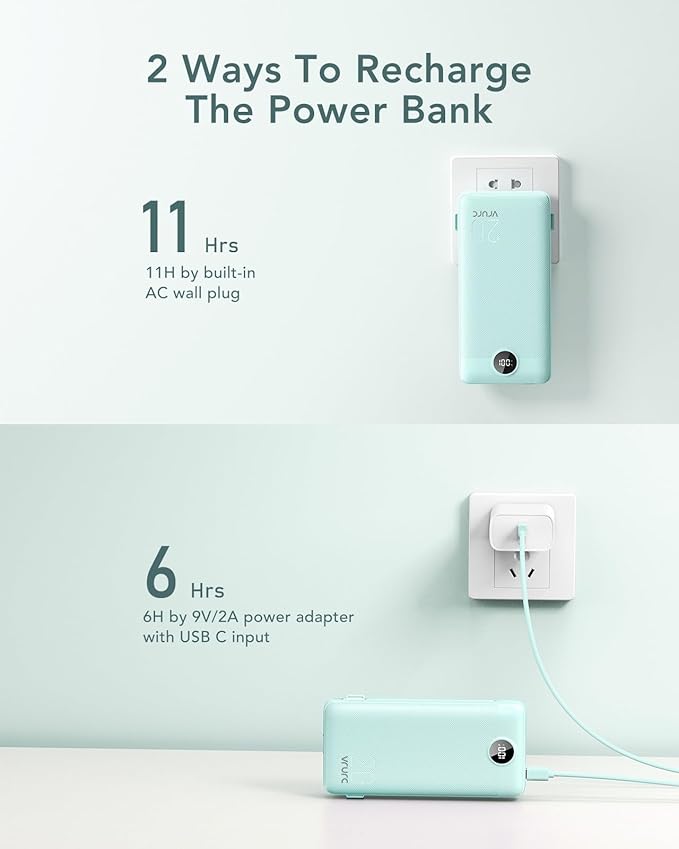 VRURC Portable Charger 20000mAh, Fast Charging Power Bank USB C,4 Output 2 Input Travel Essentials Charging Bank Equipped with LED Display,Built-in Wall Plug and Cables,Phone Charger Battery,Green