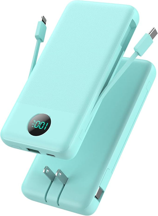 Portable Charger 13800mAh Slim USB C Power Bank with Built in Cables and Wall Plug,LCD Display Lightweight Travel Battery Pack,PD Fast Charging Compatible with iPhone 15,14,Samsung Android-Green