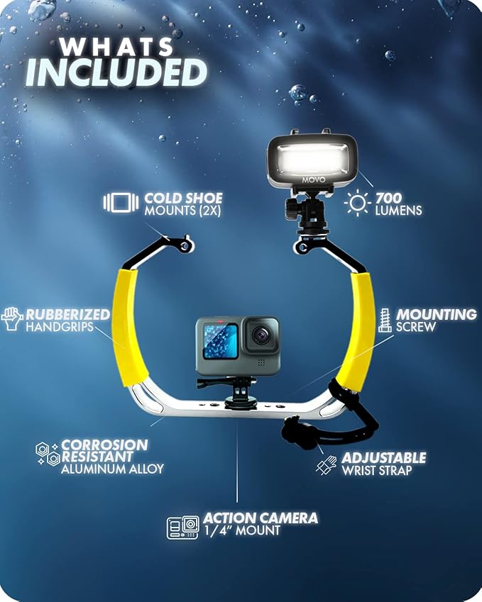 Movo DiveRig2 XL Diving Rig Bundle with Waterproof LED Light - Compatible with GoPro HERO, HERO5, HERO6, HERO7, HERO8, HERO9, HERO10 and Waterproof Action Cam - Scuba Accessories for Underwater Camera