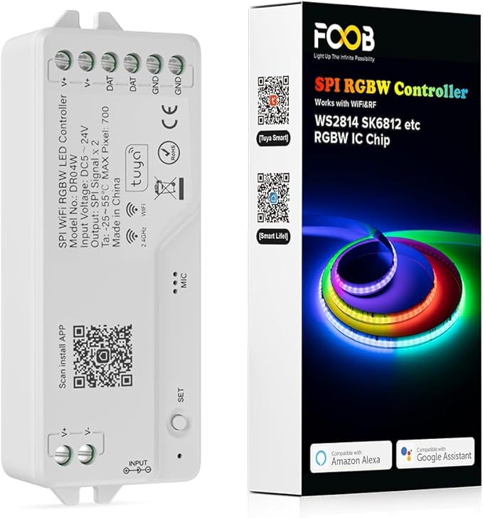2.4G WiFi SPI RGBW LED Controller DR04W, Smart Life/Tuya App, Alexa & Google Home Compatible, Works with SK6812, WS2814, Addressable RGBW Strips RC03RFB RF Remote for Wireless Control