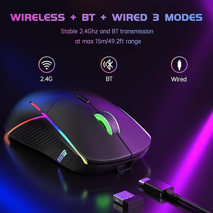 FFJ Wireless Gaming Mouse, 24000 DPI, Tri-Mode 2.4G/USB-C/Bluetooth 5.3 Gaming Mouse Wireless, RGB Programmable Mouse Gamer, 75Hrs Battery Life, Rechargeable Gaming Mice for PC, Mac, PS5, Xbox - Black