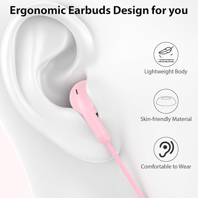 USB C Earbuds USB Type-C Headphones for iPad 10th Generation iPhone 17 Air 16 15 Pro Max Samsung S21 Wired Headphone Earphones with Microphone Volume Control Noise Isolating HiFi Stereo Headset Pink