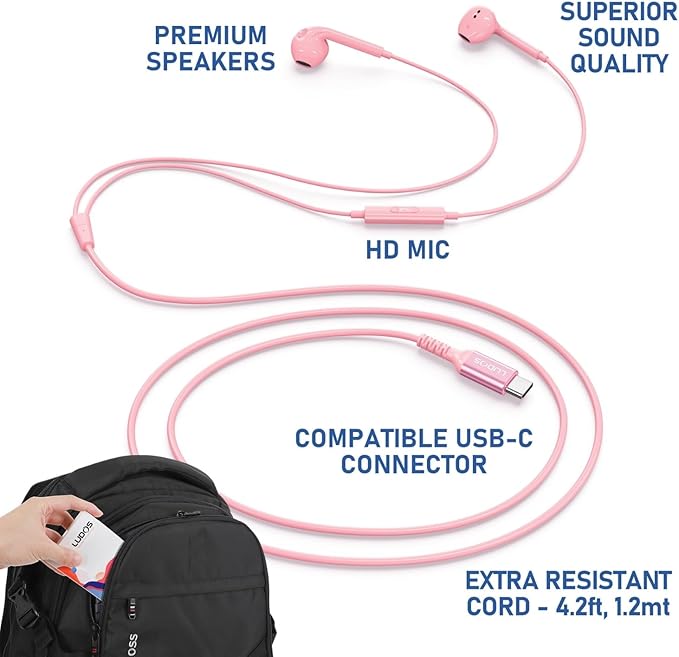 LUDOS Zenith USB C Headphones for iPhone 17 16 15 Pro Max Plus Air iPad Pro Air, 2 Years Warranty, USB-C Earbuds for Samsung Galaxy S24 S23 Ultra S22 S21 S20 A55 A54 A53, USB Type C Earphones - Pink