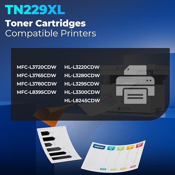 TN229XL Toner Cartridges for MFC-L3780CDW HL-L3280CDW Compatible for Brother TN229XL TN229 Toner for Brother MFC-L3720CDW MFC-L3765CDW HL-L3220CDW HL-L3300CDW HL-L3295CDW, 4 Pack (TN229XLBK/C/M/Y)