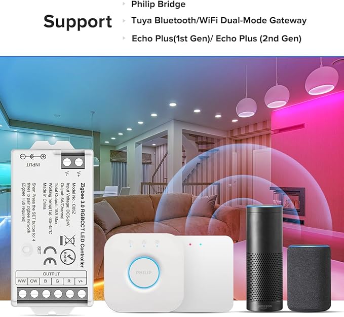 BTF-LIGHTING Tuya Zigbee 3.0 C05Z Controller Support RGBCCT 6 pin (+V R G B CW WW) PWM LED Strip Bulb Compatible with Echo Plus/4th Gen Tuya Gateway DC5V/DC12V/DC24V Max 15A