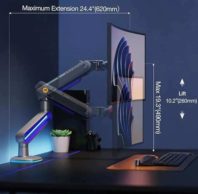 Designer Gaming Monitor Arm for 32 to 60 Inches Screen, Load up to 20 kg, VESA 75/100, RGB-Light, Heavy Duty, Multi Angle Adjustable, Premium Aluminum, Long Arm Extension Purple Blue