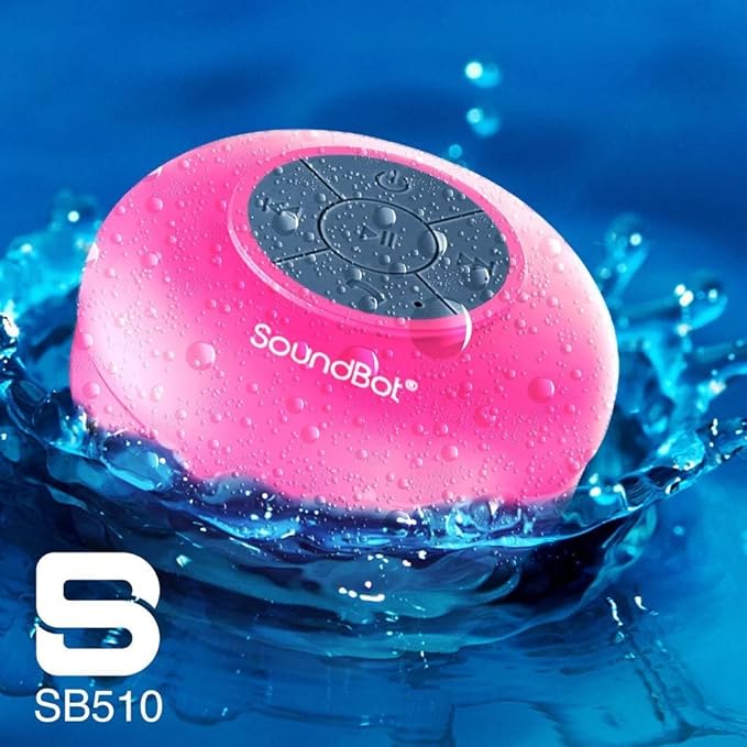 Soundbot SB510 HD Water Resistant Bluetooth Shower Speaker, Handsfree Portable Speakerphone with Built-in Mic, 6hrs of Playtime, Control Buttons and Dedicated Suction Cup for Showers (Pink)