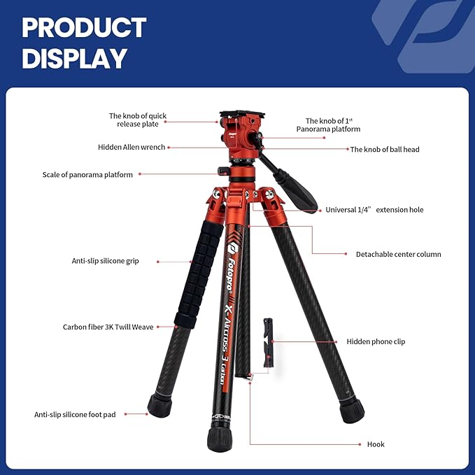 Fotopro Carbon Fiber Tripod 2.3lbs Ultralight 62 Inch Portable Travel Video Tripod for Camera DSLR Load up to 22lbs X-Aircross 3 Video Orange