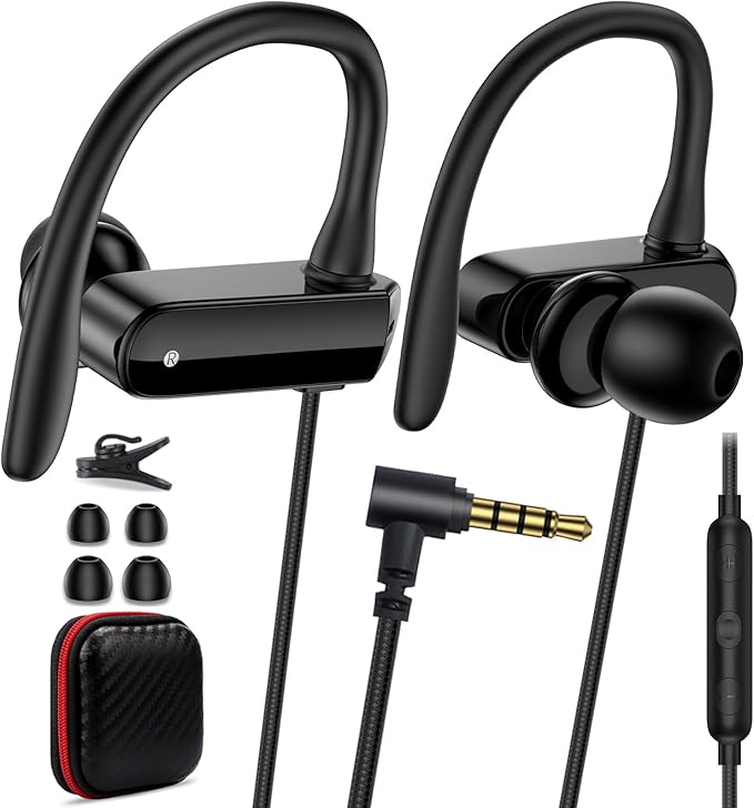 Wired Over Ear Earbuds with Microphone Ear Hook,3.5mm Sport Headphones 1.8M Long Wrap Around Ear Buds Wired for Chromebook Laptop iPad Plug in Headset for Kindle Fire Samsung A15 A14 Mp3 Player School