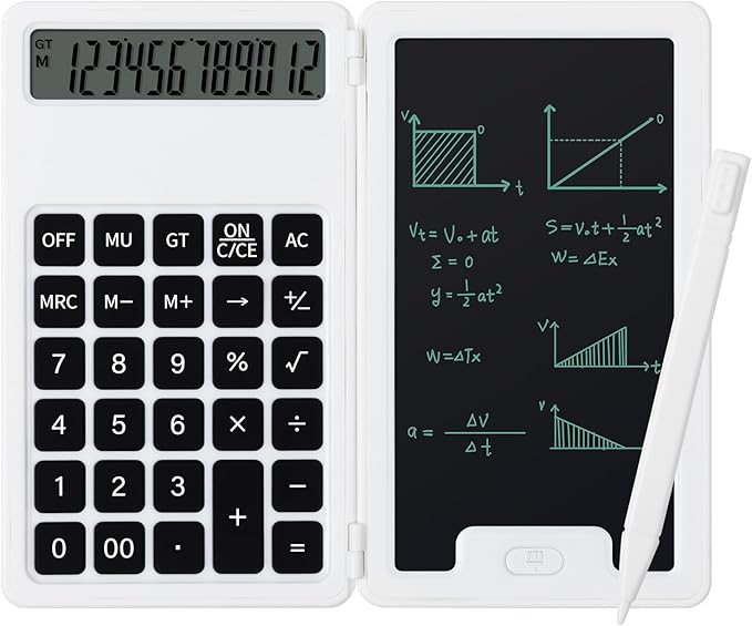 Desk Portable Basic Calculator with Notepad and Stylus, 12 Digit Large Display Multi-Function for Office, School, Home & Basic Financial (White)